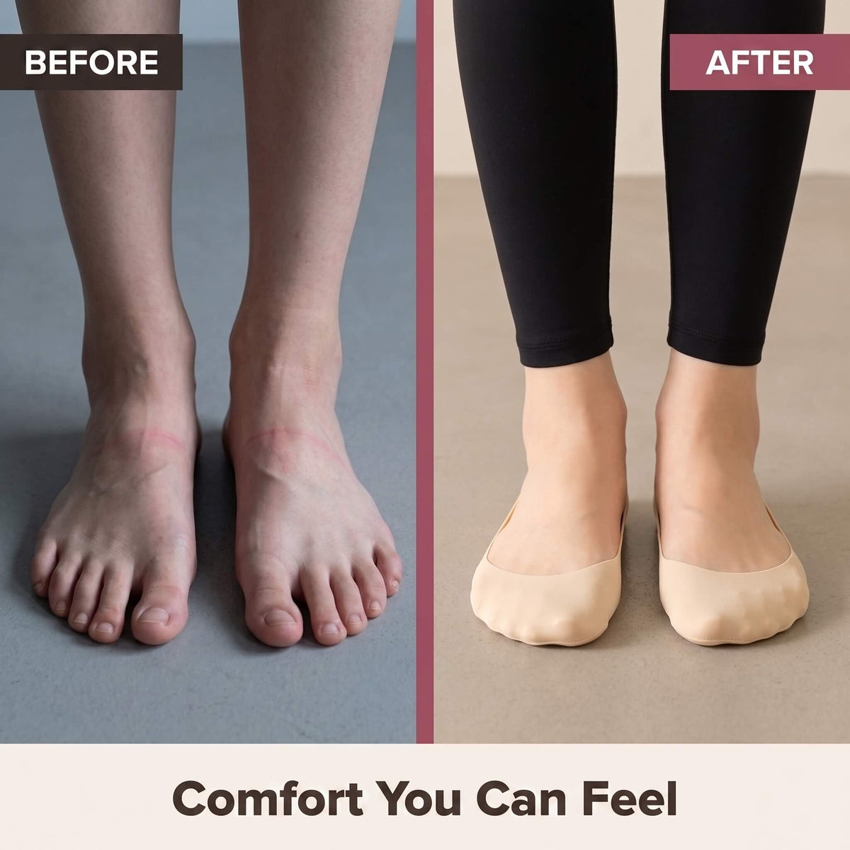 Before and after comparison showing CloudSteppy socks disappearing into shoes